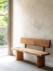 Aufkleber - Minimalist wooden bench highlighting modern design and natural materials in a serene setting : Generative AI