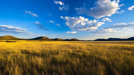 Poster - Breathtaking landscape view of vast grassfields and rolling hills under a clear blue sky with scattered clouds : Generative AI