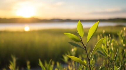 Poster - Fresh young green plant leaves captured at sunrise with a shining lake in the background showcasing nature's beauty : Generative AI