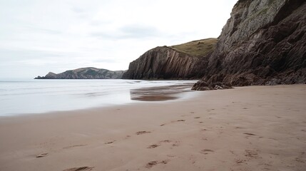 Poster - Tranquil Beach Scene with Natural Footprints and Rocky Cliff Backdrop : Generative AI