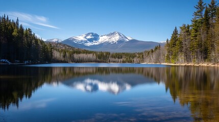 Poster - Stunning Reflection of SnowCapped Mountains on a Crystal Clear Lake Surrounded by Evergreen Forest : Generative AI