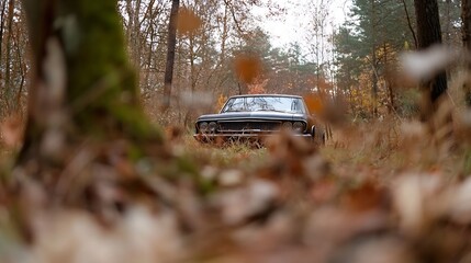 Poster - Classic vintage car resting amidst autumn foliage in a serene forest setting : Generative AI