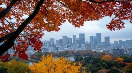 Poster - Stunning autumn foliage frames a vibrant cityscape highlighting seasonal colors in urban nature : Generative AI