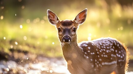 Poster - Charming young deer standing gracefully in sunlit meadow surrounded by shimmering particles : Generative AI