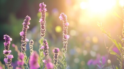 Aufkleber - Beautiful vibrant flowers blooming in a sunny garden with a warm golden sunset glowing in the background : Generative AI