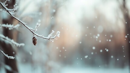 Aufkleber - Winter wonderland scene with frosted pinecone hanging from a branch in a serene snowy landscape : Generative AI
