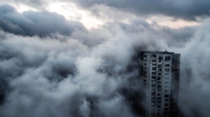 Aufkleber - Mysterious urban scene with a tall building emerging from thick clouds during a gloomy sunset : Generative AI