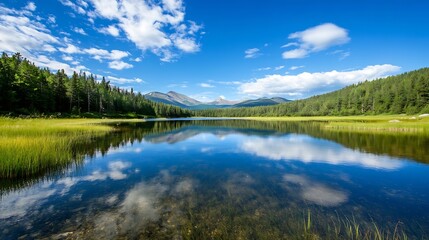 Poster - Stunning serene landscape showcasing reflection of trees and mountains in a tranquil lake : Generative AI