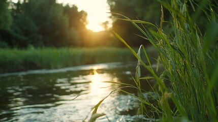 Aufkleber - Peaceful riverside scene with tall grass and a glowing sunset reflecting on calm waters : Generative AI