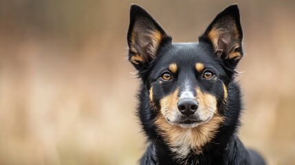 Poster - Closeup portrait of a beautiful black and tan dog with expressive eyes outdoors : Generative AI