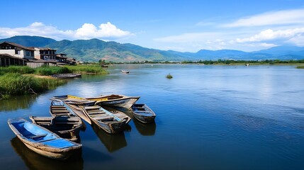Aufkleber - Picturesque view of traditional wooden boats moored on calm waters beside lush greenery in a serene river landscape : Generative AI