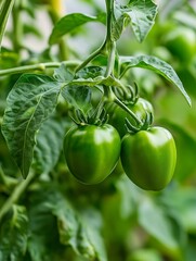 Poster - Fresh green bell peppers growing on a plant in a vibrant garden setting surrounded by lush greenery : Generative AI