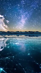 Wall Mural - vertical 9:16 A still, frozen lake reflects a crystal-clear starry sky filled with constellations and a glowing Milky Way. Cracks in the ice glow softly, radiating faint blue light