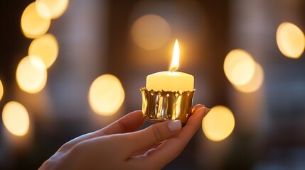 Poster - Candle Flame Illuminating Handheld Candle with Golden Holder Against a Soft Bokeh Background : Generative AI