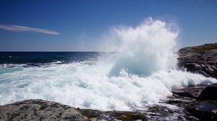 Aufkleber - Powerful ocean waves crashing against rocky shoreline under a clear blue sky : Generative AI