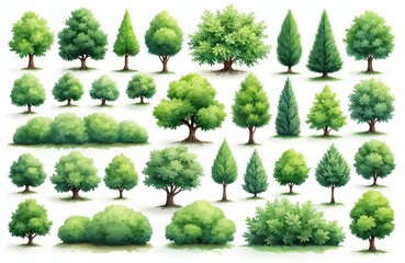 Poster - Watercolor illustration various green trees bushes shrubs. Top view design plan isolated white background. Forest nature concept for landscape design, eco, gardening, natural background. Spring