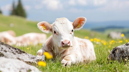 Poster - Adorable Young Calf Resting in Lush Green Meadow Surrounded by Colorful Wildflowers : Generative AI