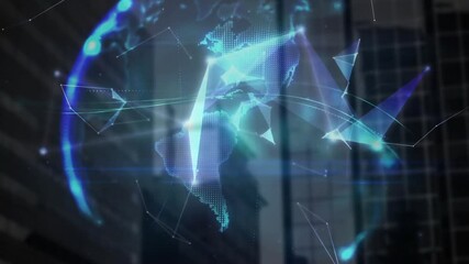 Poster - Cityscape background with digital globe animation showing network connections