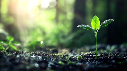 Aufkleber - Newly sprouted plant reaching for sunlight in a lush green forest symbolizing growth and sustainability : Generative AI