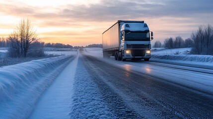Poster - Heavy Truck Driving on a Snowy Road Under a Dramatic Sky at Dawn or Dusk : Generative AI