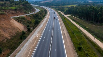 Aufkleber - Aerial view of a busy highway with vehicles surrounded by lush green hills and fields : Generative AI