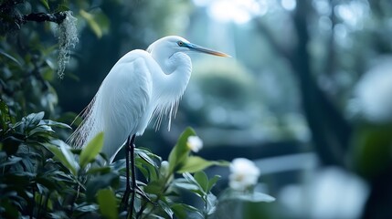 Poster - Elegant Great Egret Bird Standing Gracefully Amidst Lush Green Foliage in a Misty Forest Environment : Generative AI