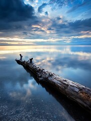 Poster - Majestic sunset reflecting on tranquil waters with a weathered log resting at the shoreline : Generative AI