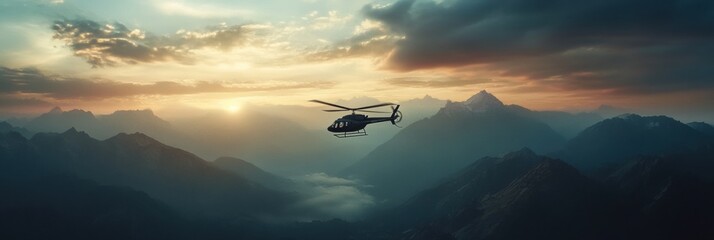 Poster - Rescue helicopter soaring over dramatic mountain landscape at sunset with dynamic clouds and striking lighting Generative AI