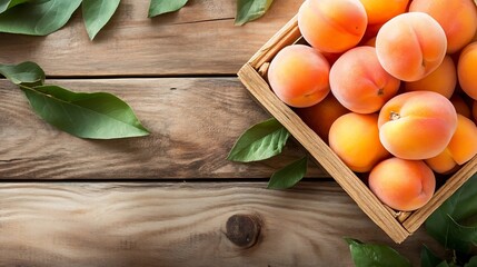Poster - Freshly harvested peaches in a wooden basket surrounded by green leaves on a rustic table : Generative AI