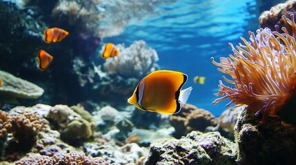 Poster - Vibrant underwater scene featuring colorful fish swimming among lively coral formations in a clear sea : Generative AI