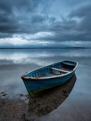 Aufkleber - Old Abandoned Wooden Boat Floating on Calm Waters Under Overcast Sky : Generative AI