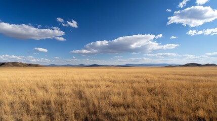 Poster - Expansive view of golden grassland under clear blue sky with fluffy white clouds creating serene landscape : Generative AI