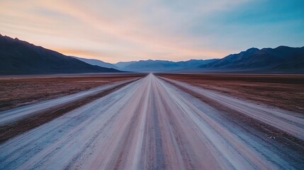 Aufkleber - Breathtaking panoramic view of a long dirt road amidst beautiful mountains and a stunning sky at sunset : Generative AI