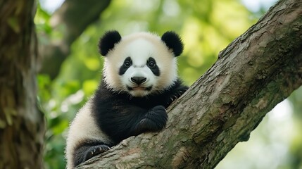 Poster - Adorable young panda relaxing on a tree branch amid lush green foliage : Generative AI