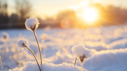 Aufkleber - Delicate frozen flower buds basking in the golden light of sunrise on a snowy field creating a serene winter scene : Generative AI