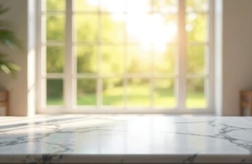 Aufkleber - Marble countertop with blurred window background. Sunlight streams through, illuminating the room. Bright interior with clean, empty space for product display, modern home design.