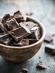Poster - High quality dark chocolate pieces in a rustic bowl on a wooden background for culinary inspiration and dessert recipes : Generative AI