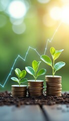 Poster - Stacks of coins with growing green plants symbolize financial growth, investment success, sustainable economic development. Growth chart overlay emphasizes positive financial trend, money making.
