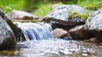 Poster - Crystal Clear Stream Flowing Over Rocks Surrounded by Lush Greenery : Generative AI