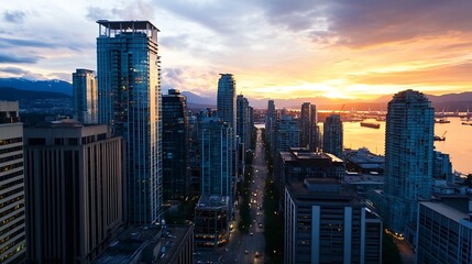 Poster - Stunning sunset view over Vancouver city skyline with modern skyscrapers and waterfront : Generative AI