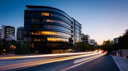 Poster - Modern architectural design of a glass building at dusk with vibrant city lights reflecting off the windows : Generative AI