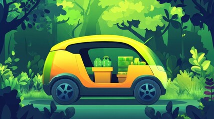 Poster - Futuristic eco-friendly delivery car transporting groceries through a lush green forest during daytime