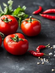 Poster - Vibrant Fresh Red Tomatoes and Spicy Red Chilies on a Black Slate Background : Generative AI