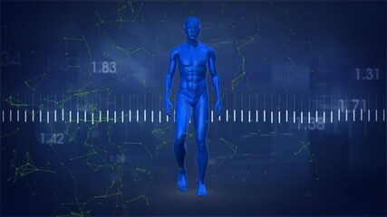 Poster - walking, blue human figure with digital data and network animation in background