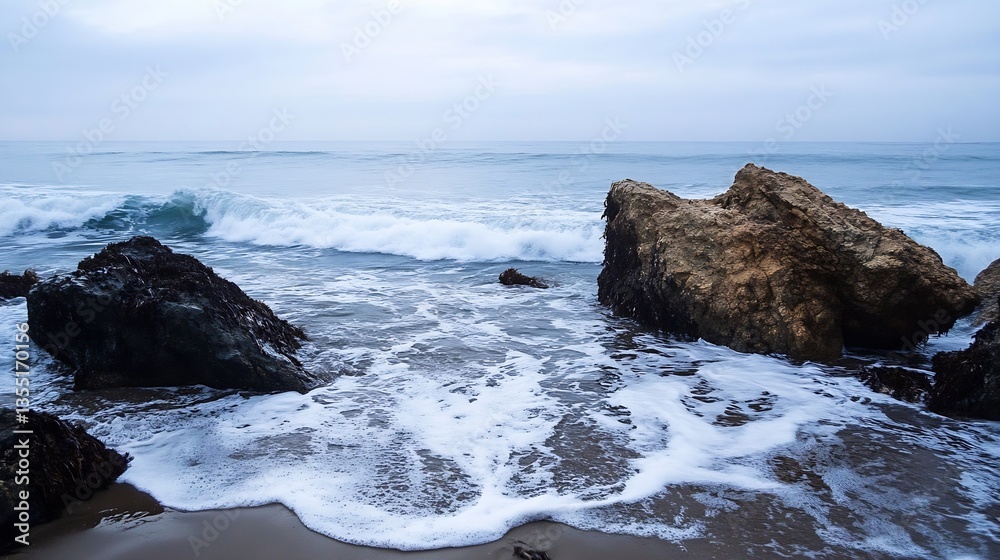 Rocky shoreline with waves gently crashing on the beach during a cloudy ...