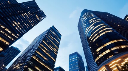 Aufkleber - Dramatic upward view of illuminated skyscrapers against evening sky showcasing urban landscape : Generative AI