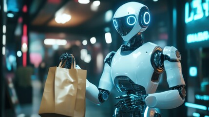Aufkleber - Friendly delivery robot hands over groceries in a stylish cyberpunk setting