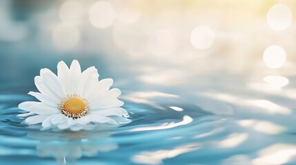 Fototapete - Beautiful white daisy flower floating on serene water surface with soft bokeh effect : Generative AI