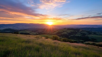 Aufkleber - Breathtaking Sunset Over Rolling Hills and Green Meadows Illuminated by Golden Light : Generative AI