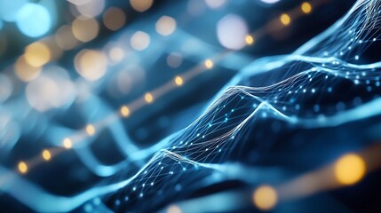Aufkleber - Dynamic abstract wave of glowing particles in blue tones on a dark background : Generative AI